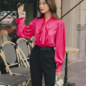 Rose pink satin bow shirt