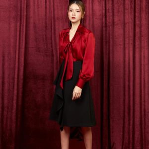 Burgundy satin bow-tie shirt