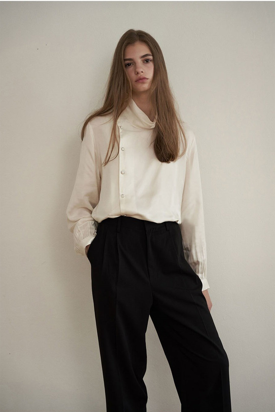 Asymmetrical button-down turtleneck shirt