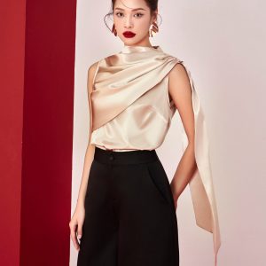 Champagne-colored draped silk scarf detail satin top